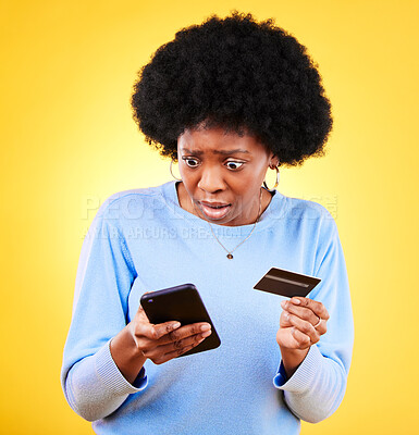 Buy stock photo Surprised, credit card and woman with phone scam and shock from problem and tech in studio. Stress, mobile and confused from phishing, hacking and ecommerce spam with anxiety and yellow background