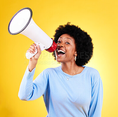 Buy stock photo Happy black woman, megaphone and speaker in advertising or marketing against a yellow studio background. African female person, smile or voice with loudspeaker in announcement, alert or discount sale