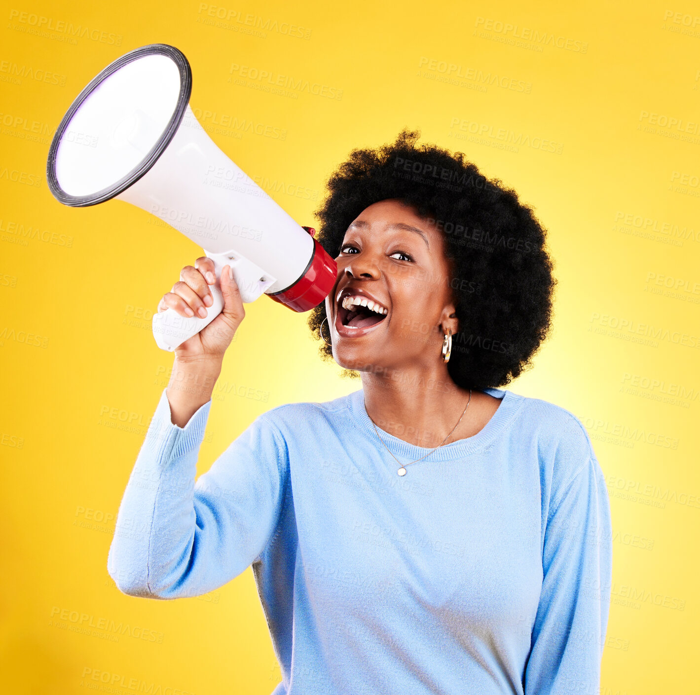 Buy stock photo Happy black woman, megaphone and speaker in advertising or marketing against a yellow studio background. African female person, smile or voice with loudspeaker in announcement, alert or discount sale