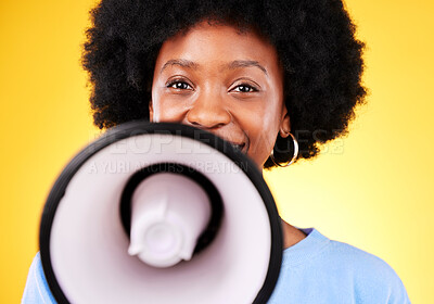 Buy stock photo Happy black woman, portrait and megaphone in advertising or marketing against a yellow studio background. African female person, smile or voice and loudspeaker in announcement, alert or discount sale