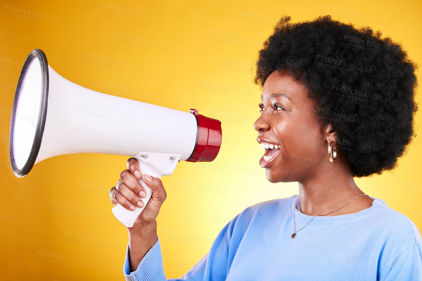 Buy stock photo Happy black woman, profile and megaphone in advertising or marketing against a yellow studio background. African female person, smile or voice with loudspeaker in announcement, alert or discount sale