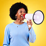 Happy woman, loudspeaker or megaphone to shout in studio for voice or announcement. African model person with speaker for broadcast message, breaking news or protest communication or speech
