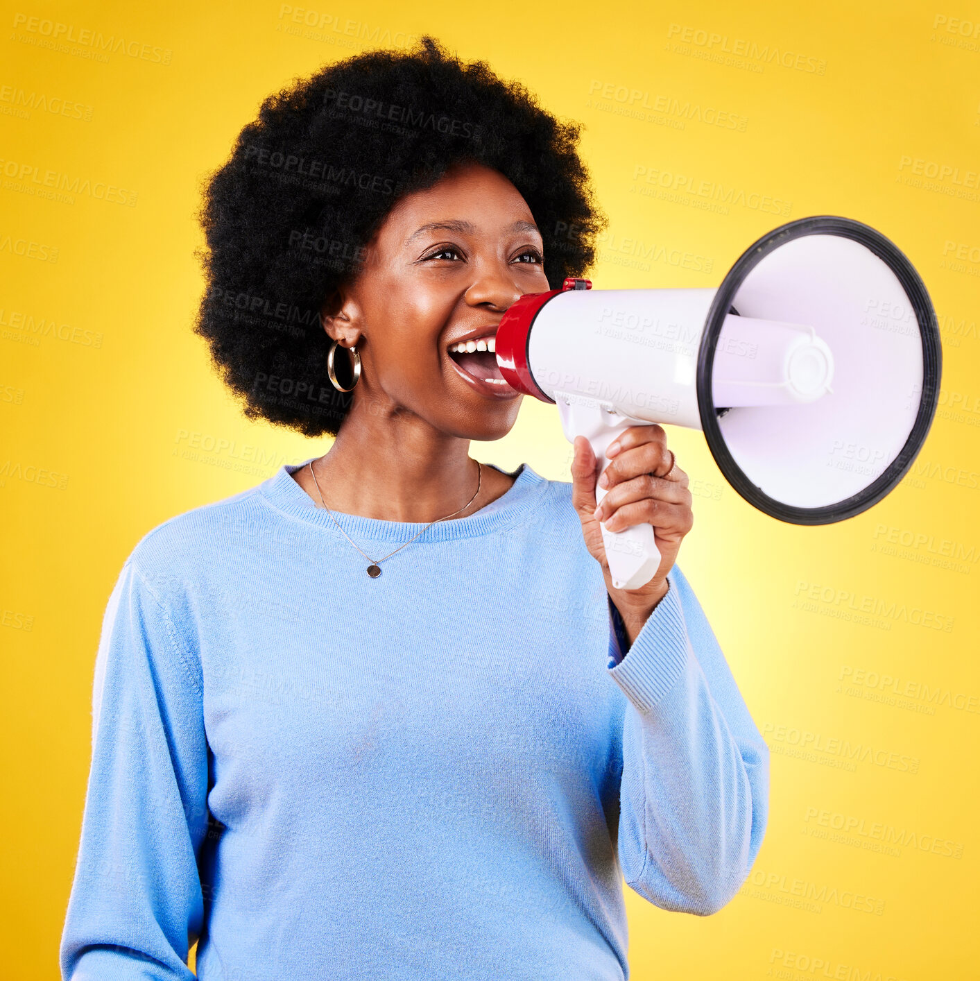 Buy stock photo Happy woman, loudspeaker or megaphone to shout in studio for voice or announcement. African model person with speaker for broadcast message, breaking news or protest communication or speech
