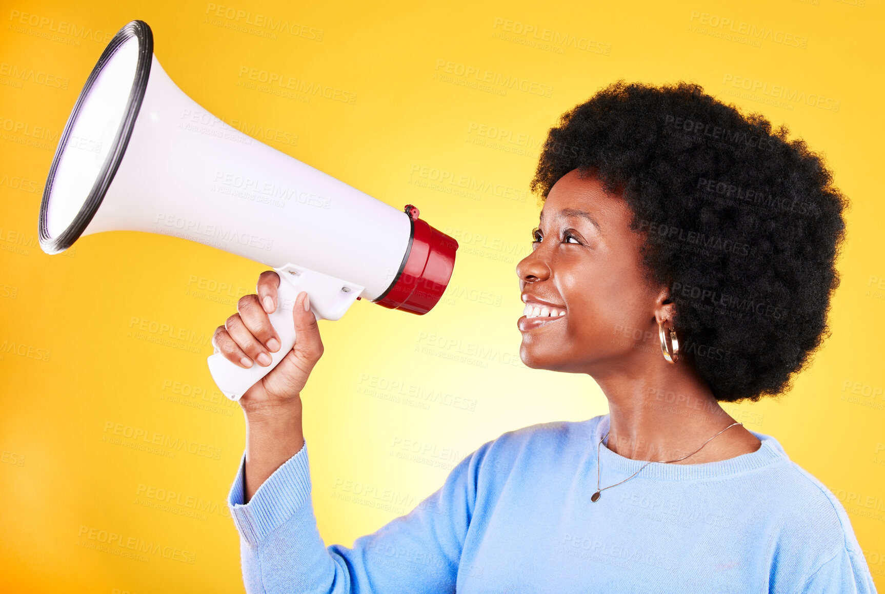 Buy stock photo Happy black woman, profile and megaphone in promotion, advertising or marketing on a yellow studio background. African female person, smile or voice with loudspeaker in sale announcement or alert