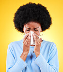 Nose, sneeze and sick woman in studio for cold, allergies and risk of medical virus on yellow background. African model, tissue and ill health of sinusitis, allergy and bacteria of winter infection
