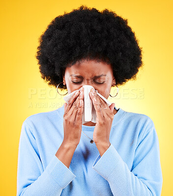 Buy stock photo Nose, sneeze and sick woman in studio for cold, allergies and risk of medical virus on yellow background. African model, tissue and ill health of sinusitis, allergy and bacteria of winter infection