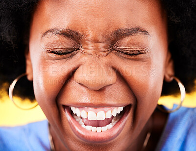Buy stock photo Zoom of excited, happy and face of black woman on yellow background for good news, wow and surprise. Emoji, winner and person in studio with big smile for announcement, winning and omg expression