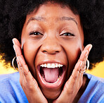 Closeup of excited, surprise and portrait of black woman on yellow background for good news, wow and happy. Emoji, winner and face of person with big smile for announcement, winning and omg in studio