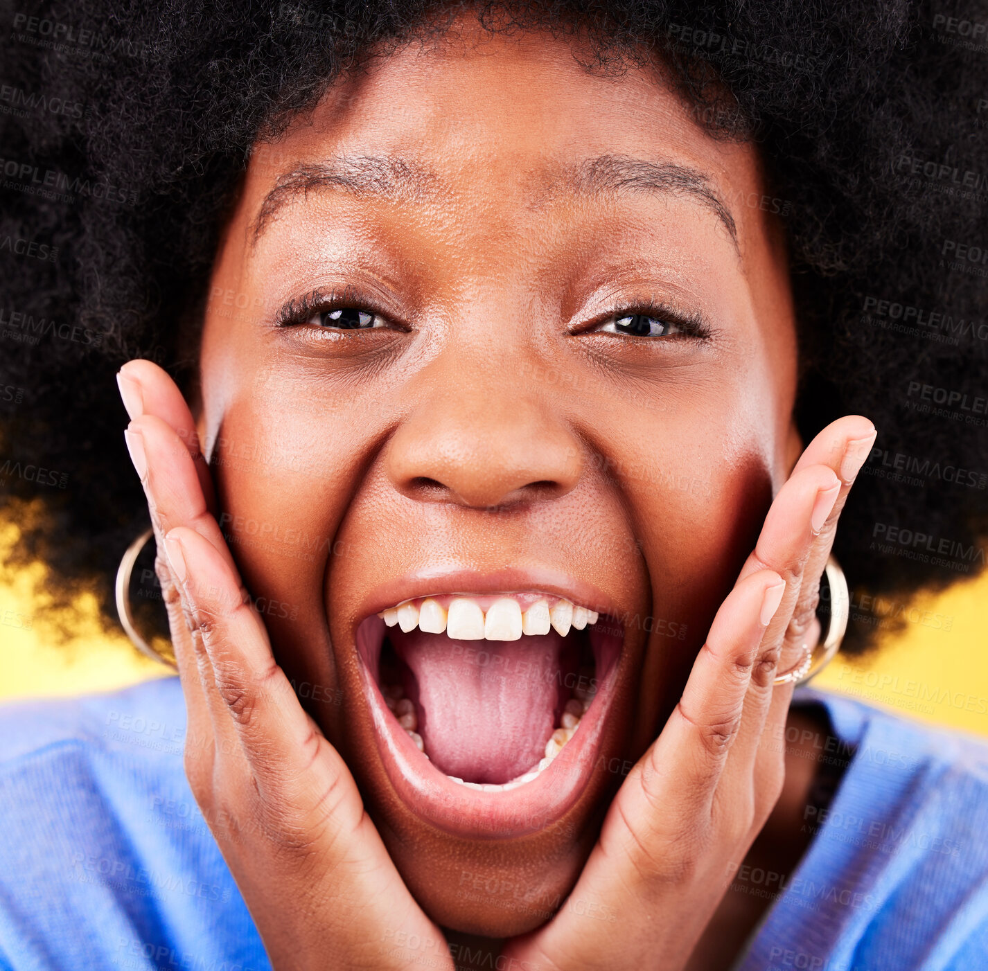 Buy stock photo Closeup of excited, surprise and portrait of black woman on yellow background for good news, wow and happy. Emoji, winner and face of person with big smile for announcement, winning and omg in studio