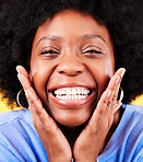 Smile, excited and portrait of black woman on yellow background for good news, wow and surprise. Emoji, winner and face closeup of happy person in studio for omg announcement, winning and success