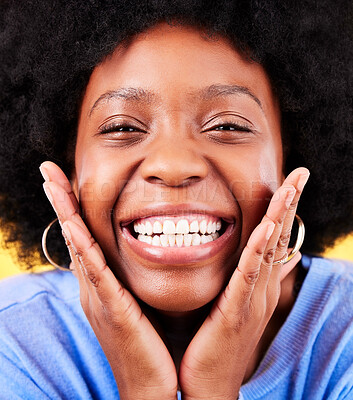 Buy stock photo Smile, excited and portrait of black woman on yellow background for good news, wow and surprise. Emoji, winner and face closeup of happy person in studio for omg announcement, winning and success
