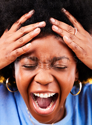 Angry, shouting and face of a frustrated black woman with stress, fail or crazy in studio. Closeup, screaming and an African person or girl with emotion, depression or mental health on a backdrop