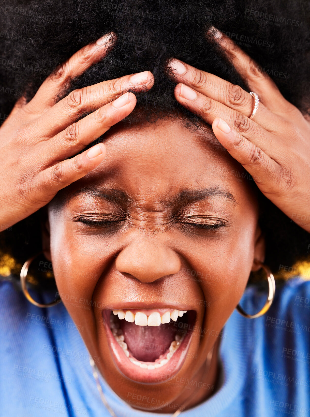 Buy stock photo Angry, shouting and face of a frustrated black woman with stress, fail or crazy in studio. Closeup, screaming and an African person or girl with emotion, depression or mental health on a backdrop
