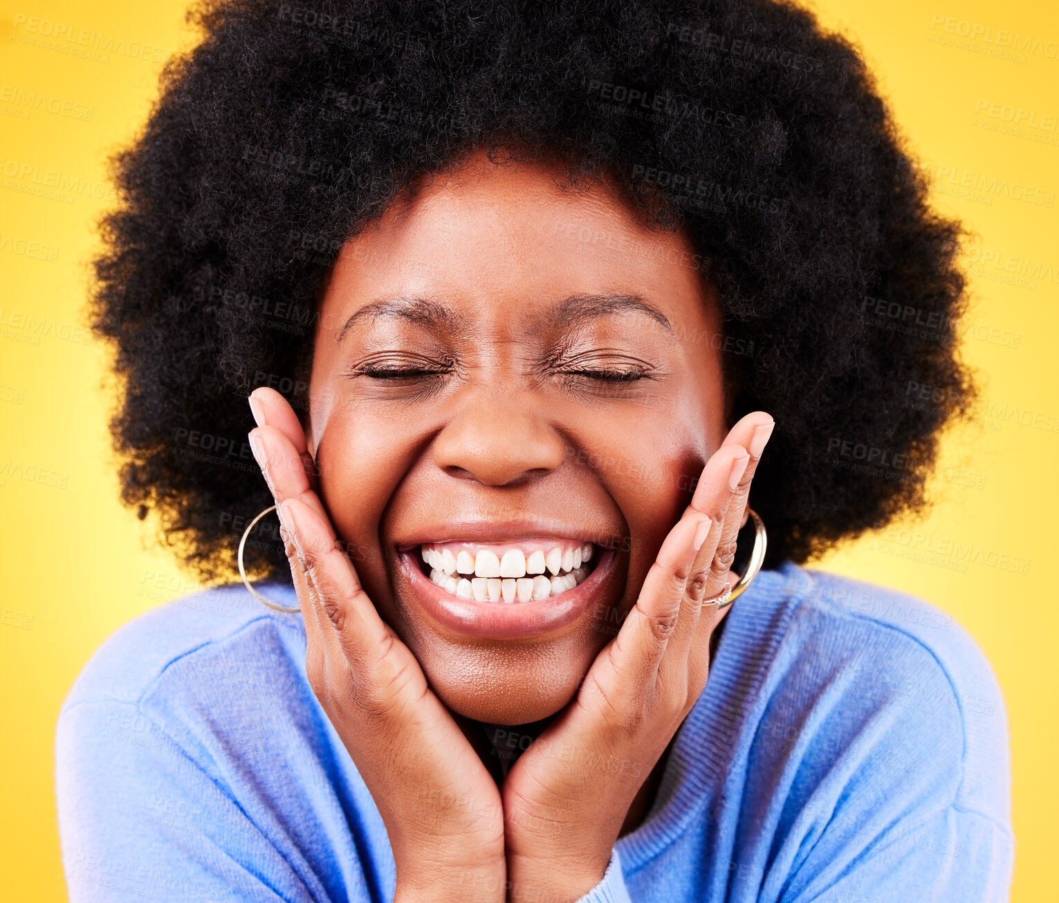 Buy stock photo Surprise, excited and face of black woman on yellow background for good news, wow and happiness. Emoji, winner and happy person with big smile for announcement, winning and omg for joy in studio