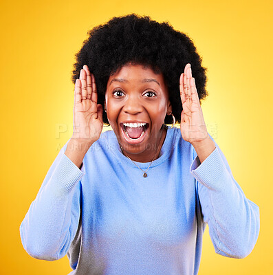 Buy stock photo Excited, surprise and portrait of a woman in studio with good news, mouth open and wow emoji. African person or winner on a yellow background for gossip announcement, shock and facial review 