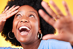 Face, happy and energy with a black woman closeup in studio on a yellow background for excitement. Wow, smile and surprise with a young afro person in celebration as a winner of a bonus or deal