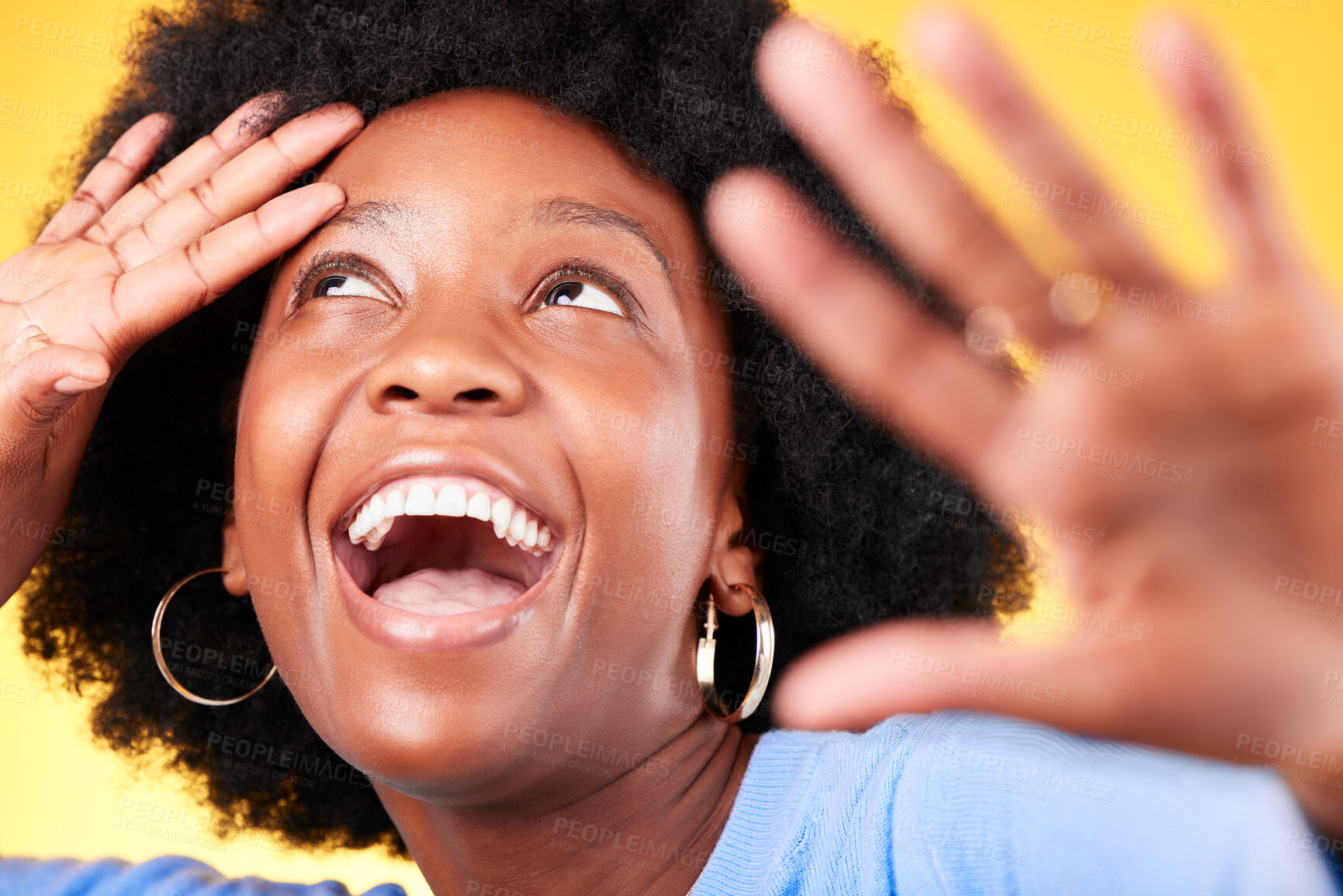Buy stock photo Face, happy and energy with a black woman closeup in studio on a yellow background for excitement. Wow, smile and surprise with a young afro person in celebration as a winner of a bonus or deal