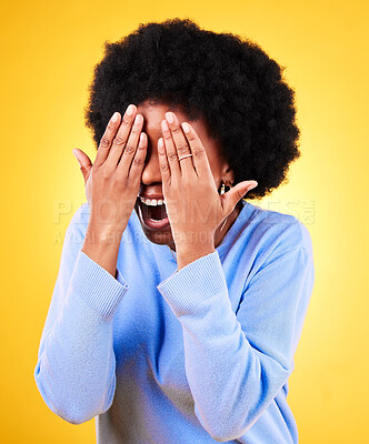Buy stock photo Hands, wow and laughing with an afro black woman on a yellow background in studio for surprise. Smile, bonus and excited with the reaction of a happy young person to good news or a funny joke