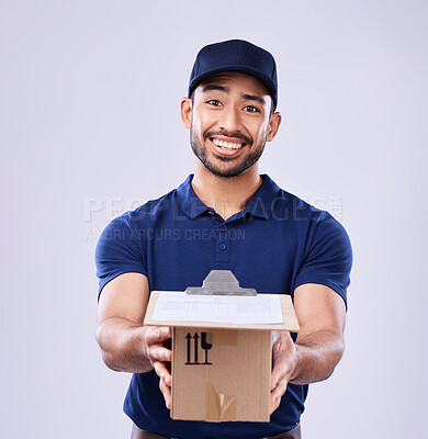 Buy stock photo Clipboard, portrait and delivery man with box in hand in studio, transport for ecommerce stock product. Package, logistics and happy courier person on white background for online sales and services.