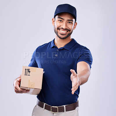 Buy stock photo Portrait happy man, delivery box and hand shake gesture for greeting, hello or shipping product, export or mail container. Supply chain package, welcome handshake or studio person on white background