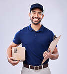 Clipboard, portrait and delivery guy with box in studio, safe transport for ecommerce supplier product. Package, logistics and happy courier man on white background for online sales and services.