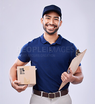 Buy stock photo Clipboard, portrait and delivery guy with box in studio, safe transport for ecommerce supplier product. Package, logistics and happy courier man on white background for online sales and services.