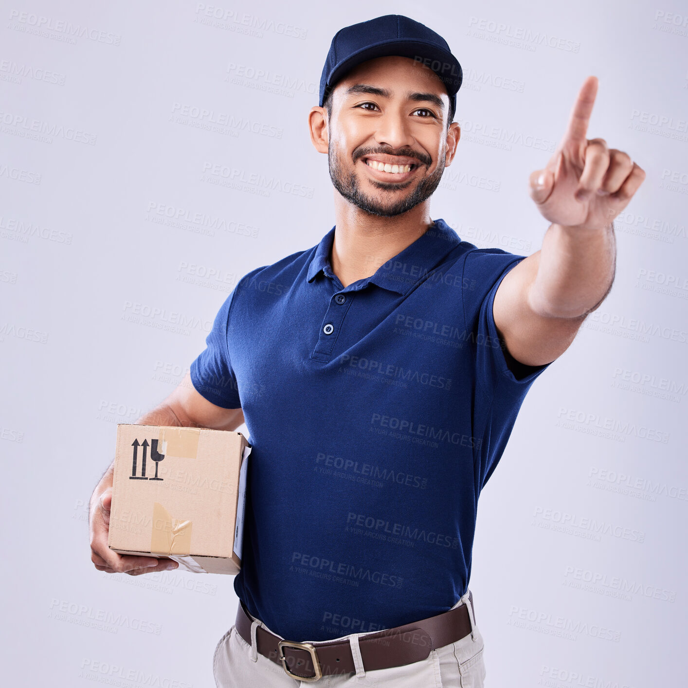 Buy stock photo Studio, shipping box and delivery man press intercom, button and export sales product, retail stock or mail container. Supply chain, post package or happy person with push gesture on white background