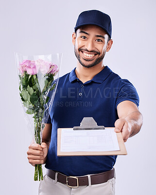 Portrait, flower bouquet courier and delivery man with clipboard, paperwork and shipping product, stock or export sale. Floral order, distribution service invoice or studio person on white background