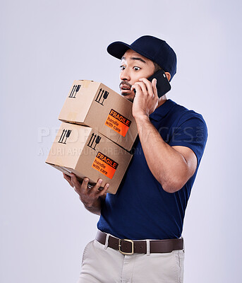 Buy stock photo Phone call, shipping box and delivery man stress, conversation or studio discussion about late export. Courier distribution crisis, fail and person talk on cellphone communication on white background