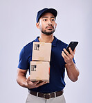 Phone, shipping box and delivery man problem, crisis and  export mistake of retail sales product, stock or mail. Supply chain error, smartphone and confused studio person worried on white background