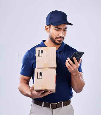 Buy stock photo Phone, shipping box and confused delivery man reading online shopping problem, information or commercial export mistake. Supply chain error, smartphone and studio person crisis on white background