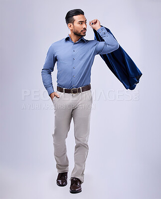 Buy stock photo Fashion, confident and business man with jacket in studio for formal, style or attitude on grey background. Fashionable, stylish and male manager in a formal suit with ambitious, mindset or empowered