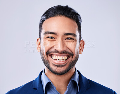 Buy stock photo Face, lawyer and happy business man in studio isolated on a white background. Professional attorney, portrait and confident employee worker, legal advocate and Mexican advisor in law firm for career