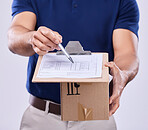 Pen, signature and hands of delivery man with box in studio, safe transport for ecommerce product. Package, logistics and documents to sign, courier person on white background for sales and services.