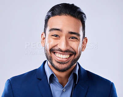 Buy stock photo Face, smile of lawyer and business man in studio isolated on white background. Professional attorney, portrait and confident employee worker, legal advocate and Mexican advisor in law firm for career