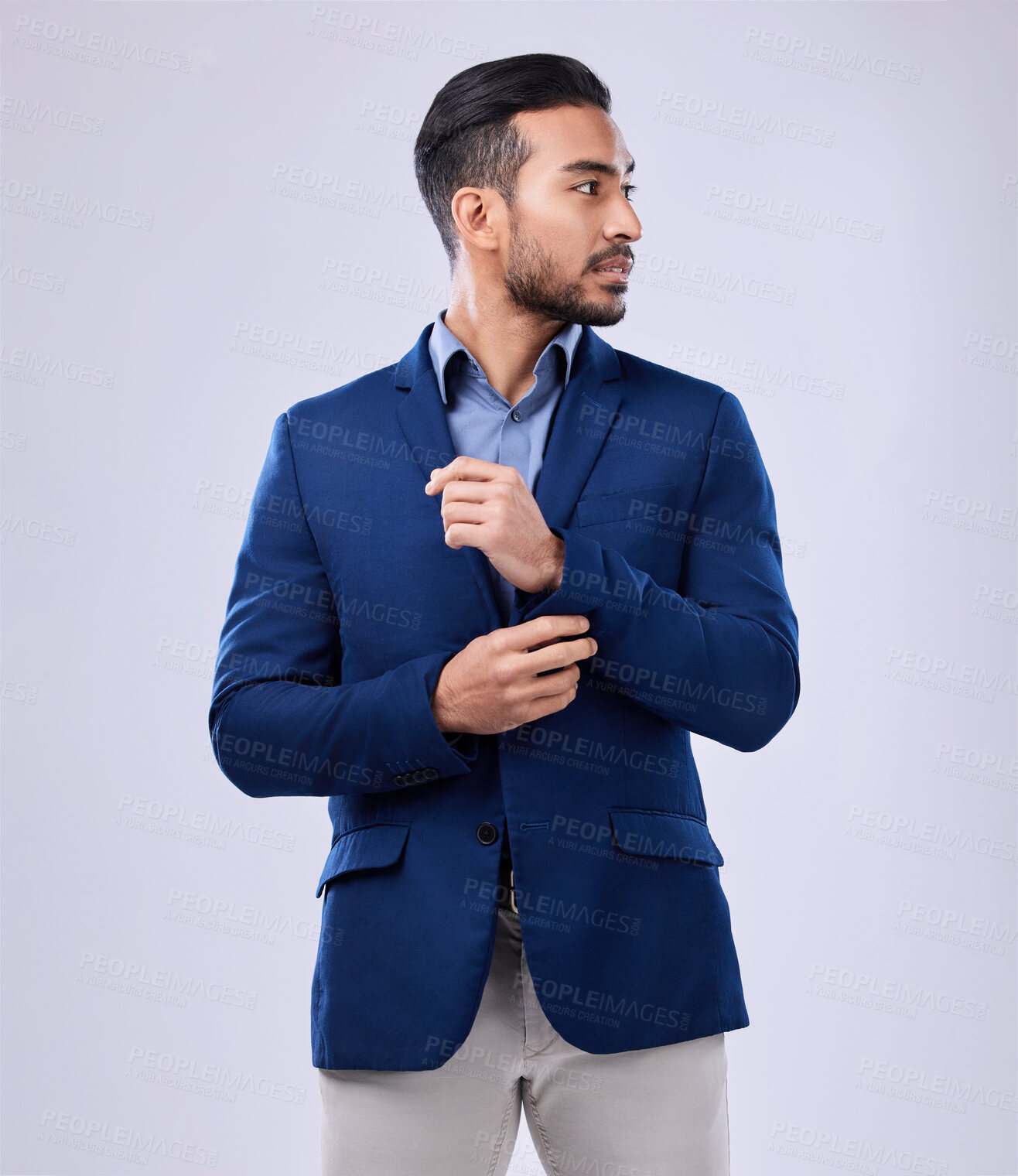 Buy stock photo Fashion, business and man in studio with style, suit and confident, mindset and attitude on grey background space. Fashionable, stylish and asian male entrepreneur with formal, clothes or aesthetic