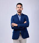 Portrait, serious and business man with arms crossed in studio isolated on a white background mockup space. Professional, entrepreneur and confident worker, employee and Mexican consultant in suit.