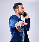 Business man, credit card or phone call in studio for communication or fintech payment. Asian person with smartphone for membership subscription, account authorization or bank info on grey background