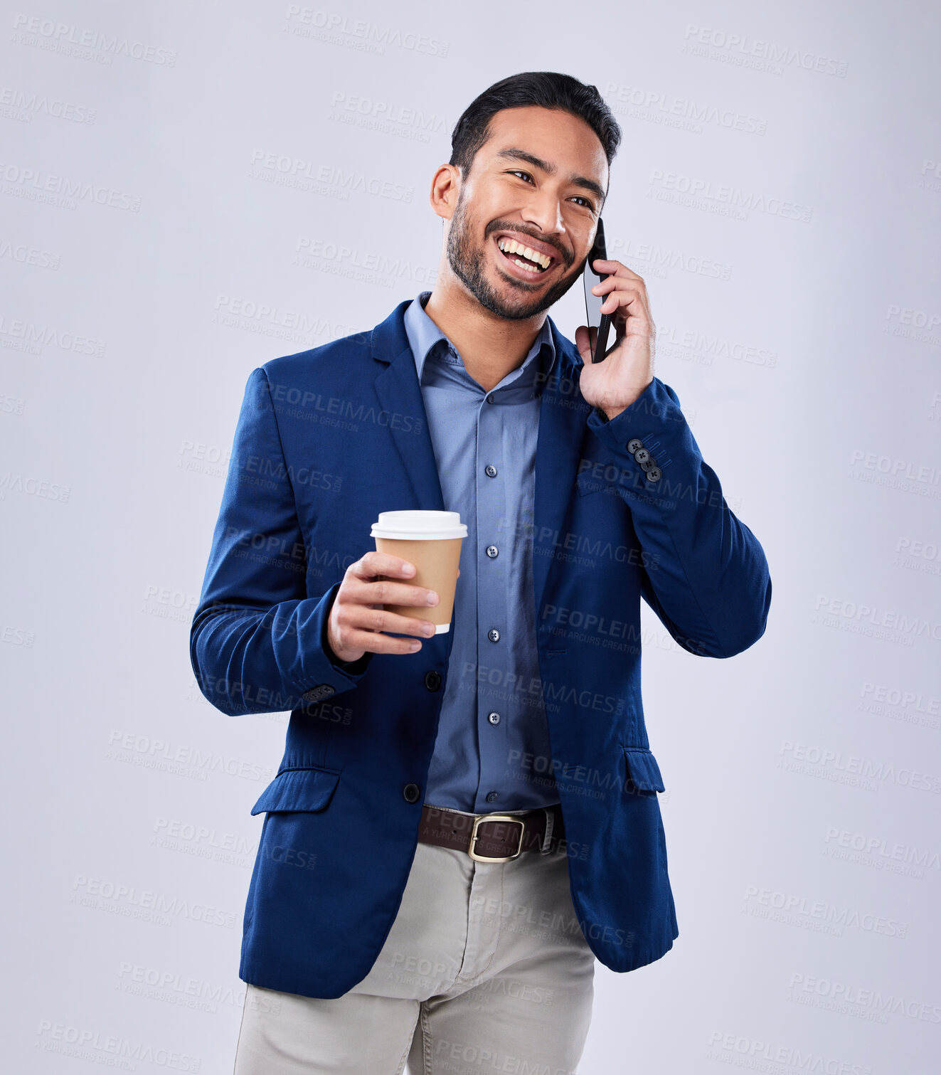 Buy stock photo Happy, coffee and a man on a phone call with a studio background for an idea or laughing. Smile, vision and an Asian businessman with a drink and talking on a mobile for work or communication