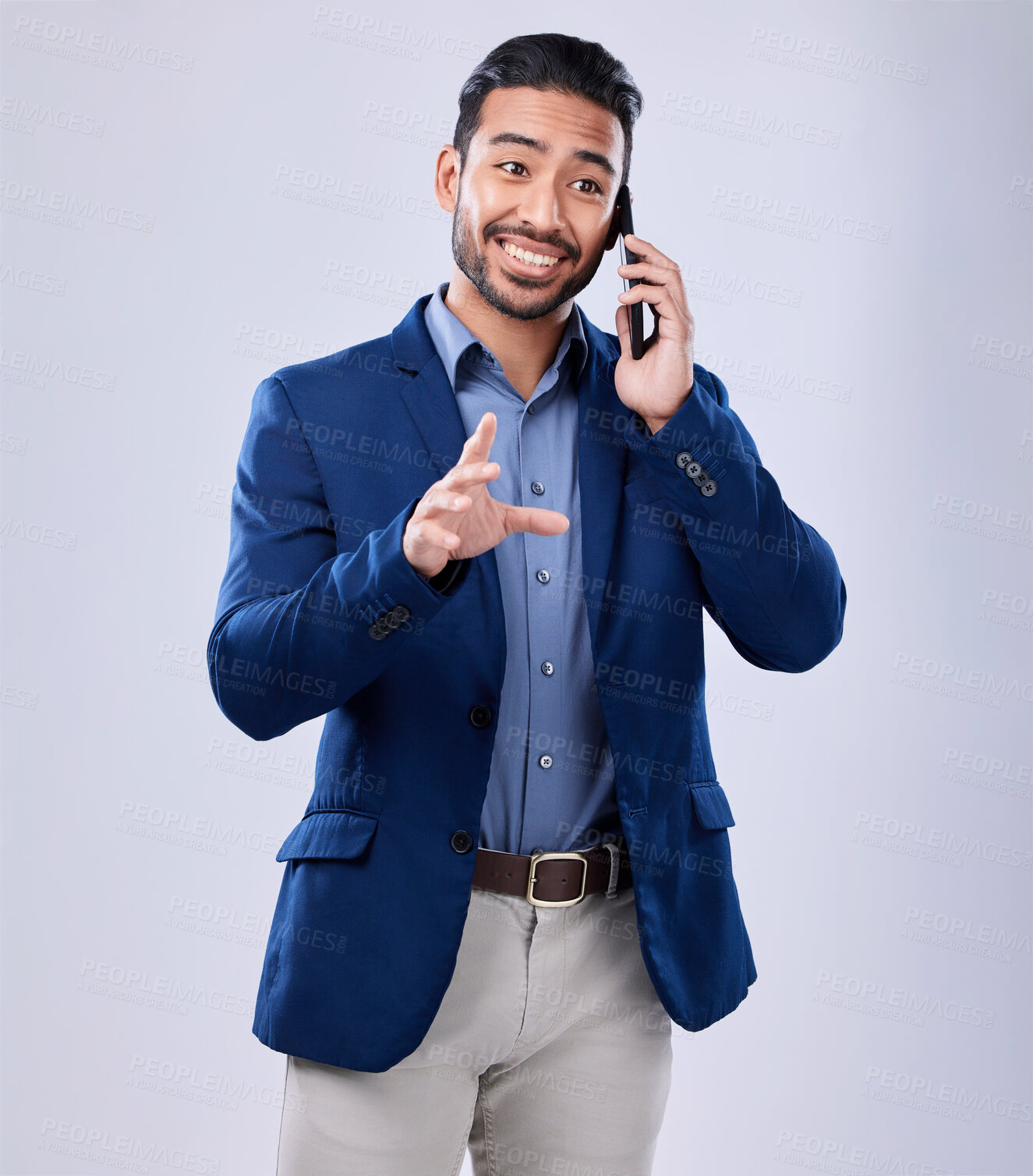 Buy stock photo Business, phone call and Asian man with connection, conversation and consultant on a white studio background. Person, employee and worker with a cellphone, communication and discussion with a smile