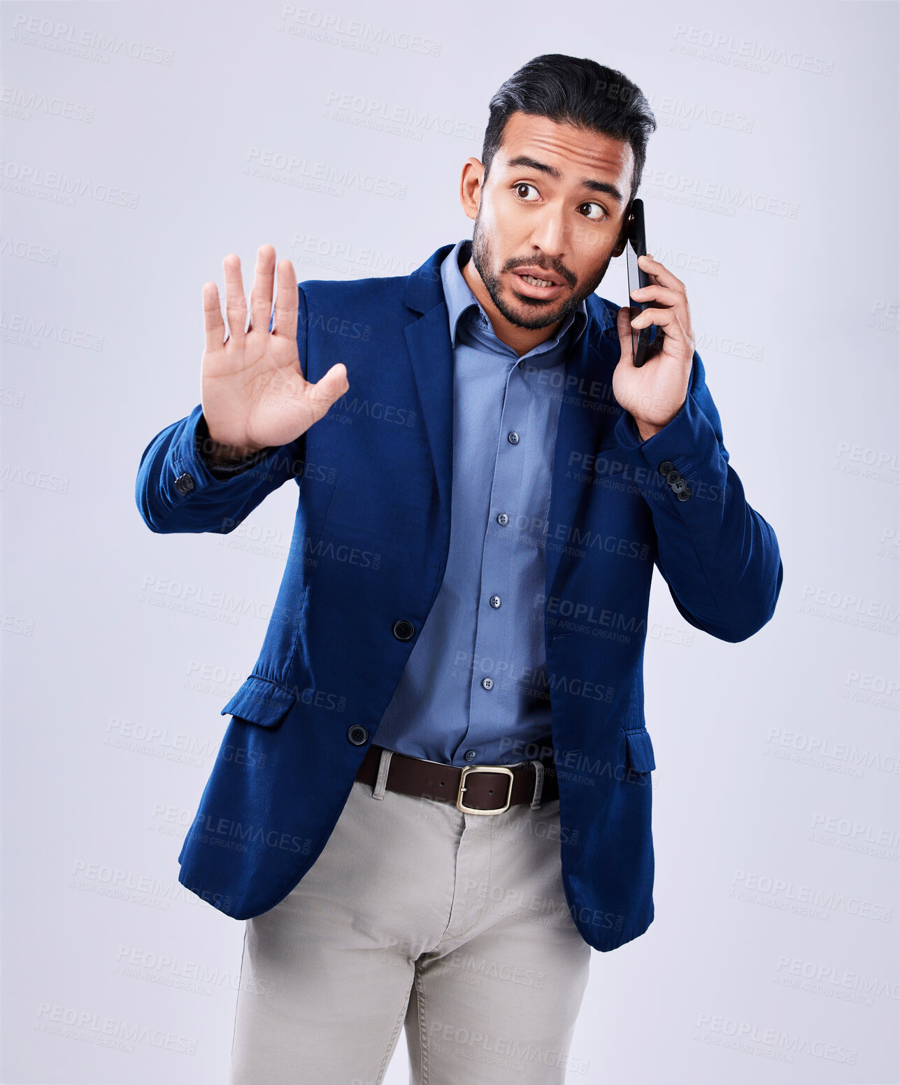 Buy stock photo Business, phone call and man with hand, stop or wait in studio for listen, attention or ask on grey background. Emoji, palm and Asian male person with smartphone conversation and icon for rejection