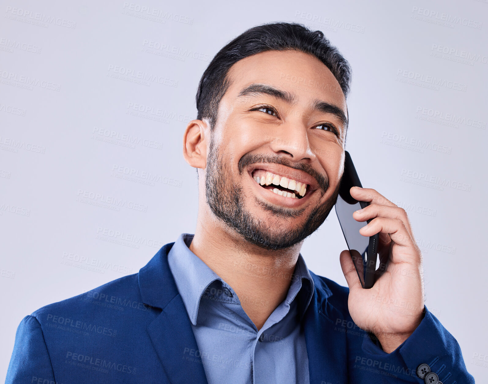 Buy stock photo Business, phone call and man with a smile, conversation and connection on a white studio background. Person, employee and entrepreneur with a smartphone, communication and discussion with a contact