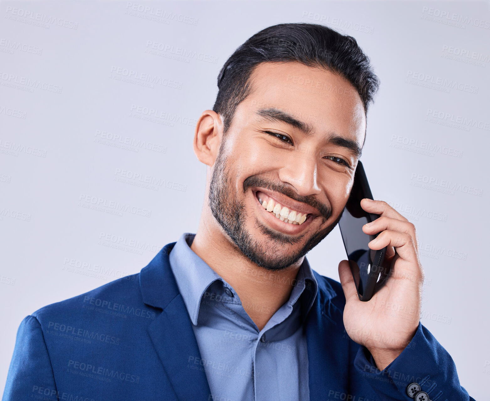 Buy stock photo Business, phone call or man with a smile, communication or entrepreneur on a white studio background. Person, employee or lawyer with a smartphone, contact with conversation or discussion with a deal