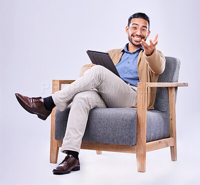 Buy stock photo Portrait, tablet and a man psychologist in a chair on a white background in studio to listen for diagnosis. Psychology, mental health and smile with a person counseling during a therapy session