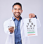 Man, glasses and eye chart of ophthalmologist in portrait at studio isolated on white background. Face, spectacles and happy optometrist with snellen test document for vision, healthcare or wellness