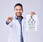 Man, glasses and eye chart of optometrist in portrait at studio isolated on white background. Face, spectacles and happy ophthalmologist with snellen test document for vision, healthcare or wellness