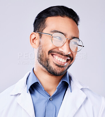 Buy stock photo Happy, smile and man doctor in a studio with glasses for vision, eye care and wellness. Pride, confidence and headshot of an Indian male healthcare professional with spectacles by white background.