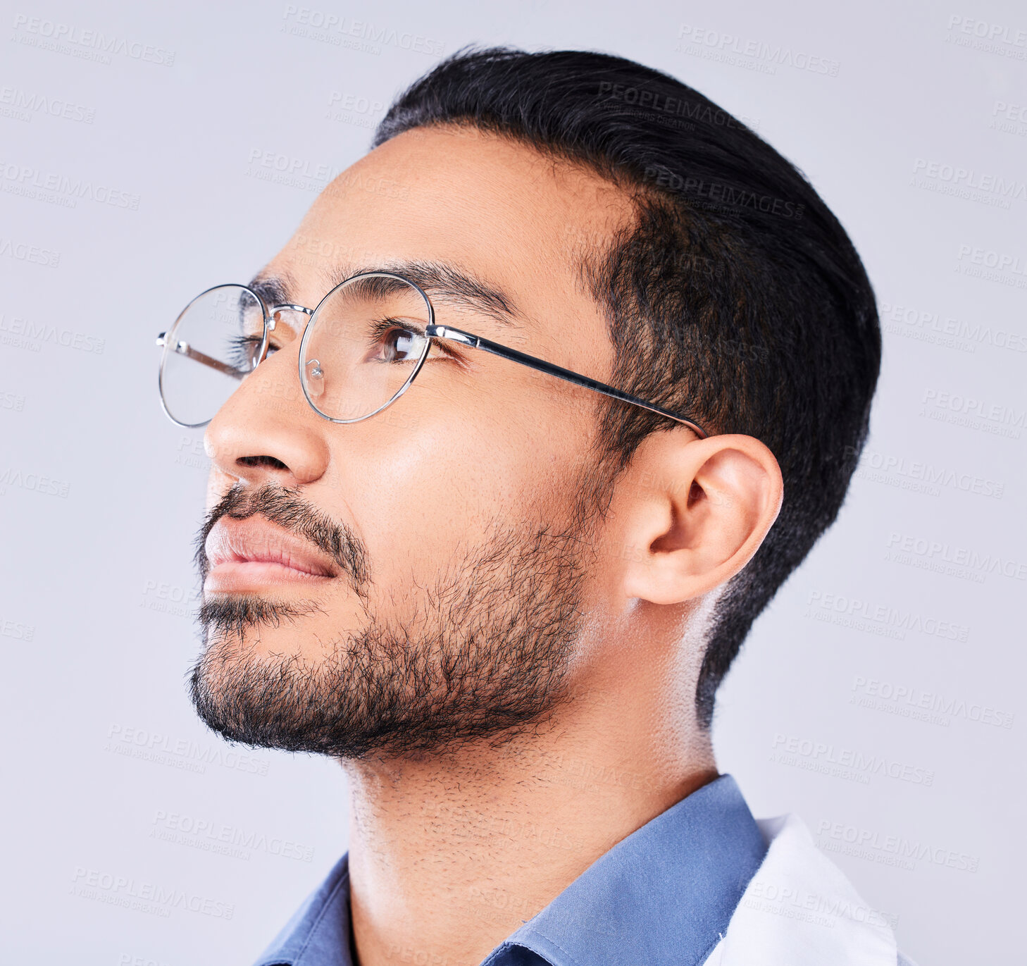 Buy stock photo Thinking, glasses and a man or doctor on a studio background for healthcare or medical vision. Medicine, idea and an Asian nurse or surgeon with a service solution or optometry on a backdrop