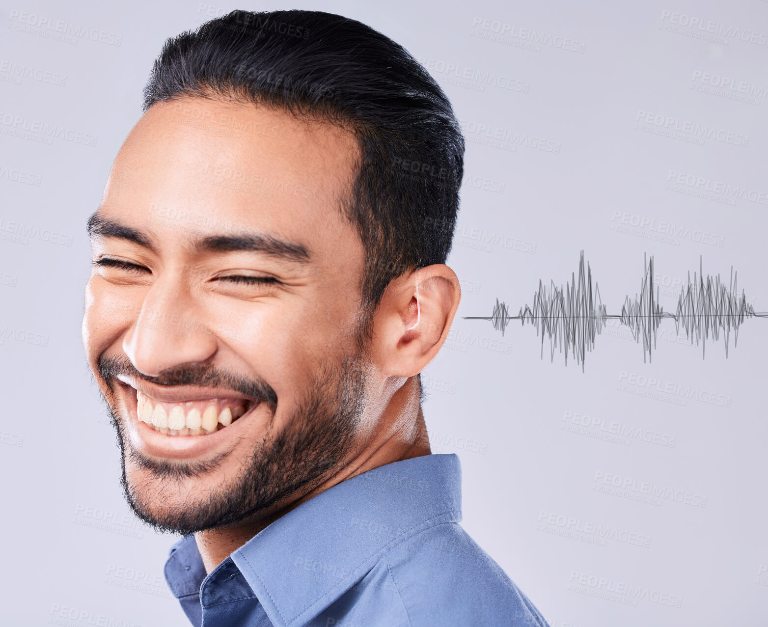 Buy stock photo Man, smile and deaf with sound wave overlay on a gray background in studio for communication or listening. Face, happy and audio with the ear of a young person hearing noise translation or connection