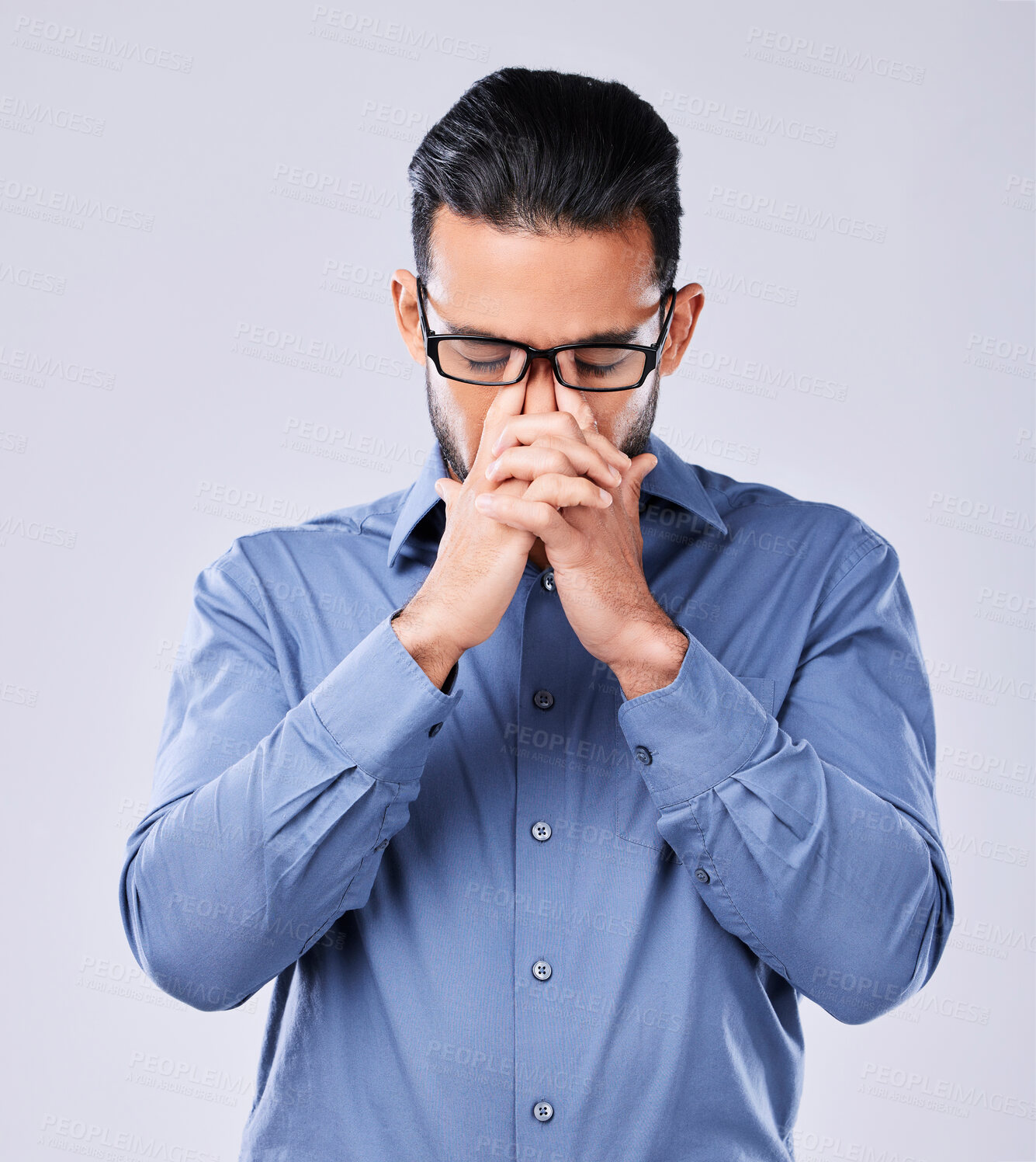 Buy stock photo Tired, stress and a man with a headache on a studio background for mental health or burnout. Anxiety, sad or an Asian businessman with migraine pain from depression, mistake or frustrated with a fail